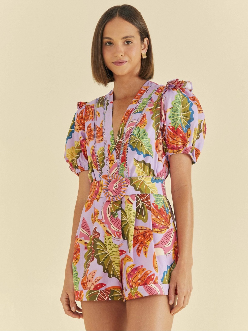 Farm Rio Tropical Lilac V Neck Romper